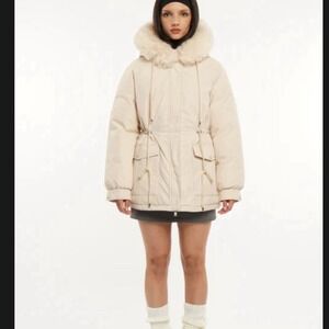 Puffit Womens Parka Jacket Cream Faux Fur Hood L Water Repellent Womens NWOT